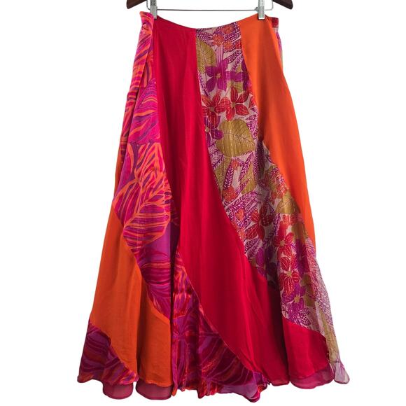 VTG 90s Y2K Monsoon Silk Bias Cut Midi Skirt Floral Burnout Patchwork Boho Artsy - Picture 1 of 10